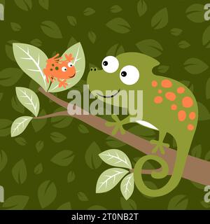 Funny chameleon with frog in tree branches on leaves background pattern, vector cartoon illustration Stock Vector