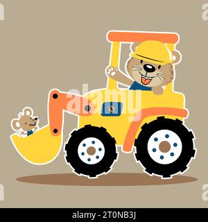 vector cartoon of funny leopard with mice on construction vehicle Stock Vector