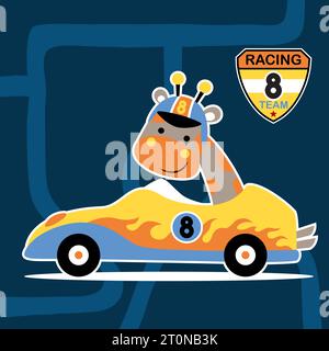 vector cartoon of cute giraffe on racing car with racing logo Stock Vector