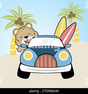 cute leopard on car in the beach, vector cartoon illustration Stock Vector