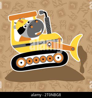 Vector cartoon of funny cow driving construction vehicle on construction signs background pattern Stock Vector
