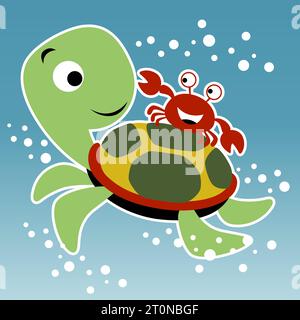 Cartoon vector of funny turtle with crab undersea Stock Vector