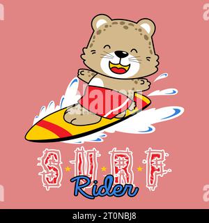 cute leopard on surfboard, vector cartoon illustration Stock Vector