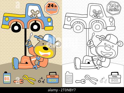 Cute bear fixing the car, mice on car, vector cartoon, coloring page or book Stock Vector