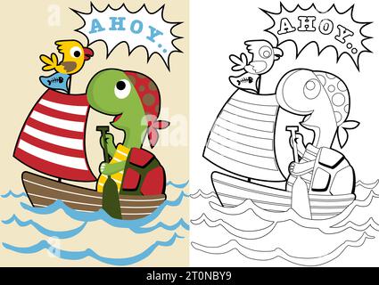 Cute turtle with little bird on sailboat, vector cartoon, coloring page or book Stock Vector