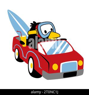 Cute penguin wearing diving goggles with surfboard on a car, vector cartoon illustration Stock Vector