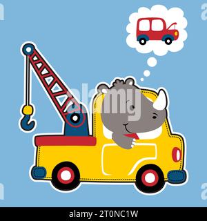 Cute rhino driving tow truck with broken car, vector cartoon illustration Stock Vector