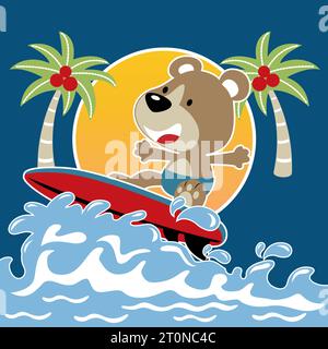 Funny bear surfing on palm tree background, vector cartoon illustration Stock Vector