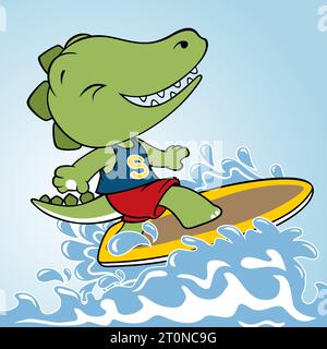 Funny dinosaur surfing, vector cartoon illustration Stock Vector