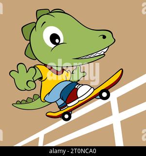 Funny dinosaur playing skateboard, vector cartoon illustration Stock Vector