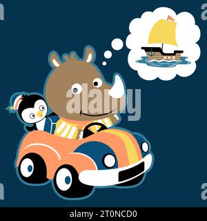 Cute rhino with penguin on a car, thinking sailboat for sailing, vector cartoon illustration Stock Vector