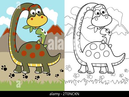 Vector cartoon of dinosaur feeding it son on volcanoes background, coloring page or book Stock Vector