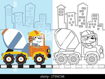 vector cartoon of cute kitten driving mixer truck, coloring page or book Stock Vector