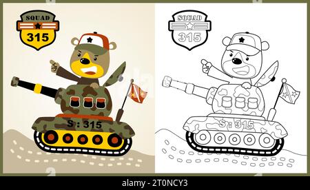 vector cartoon of funny bear soldier driving armored vehicle, coloring page or book Stock Vector