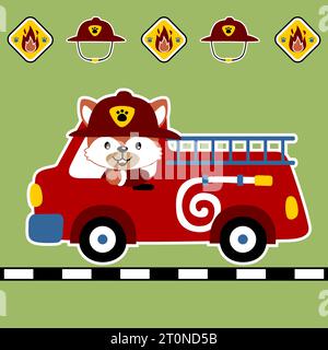 Cute fox driving firetruck with fire engine elements, vector cartoon illustration Stock Vector