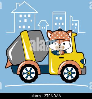 Funny fox driving mixer truck on buildings background, vector cartoon illustration Stock Vector