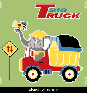 vector cartoon of cute elephant driving dump truck with a bird on it trunk Stock Vector
