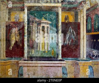 Shrine with a tholos on a podium, Statue of Venus Anadiomena to which two women bring offerings of flowers. Both sides, fishes and partridges and, at the top, Theatrical mask and another of a satyr.  Fresco Pompeii Roman City is located near Naples in the Campania region of Italy. Pompeii was buried under 4-6 m of volcanic ash and pumice in the eruption of Mount Vesuvius in AD 79. Italy   Cubiculum. (Venus coming out of the water)  North wall. Pompeian House VI. Stock Photo