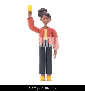 3D illustration of african woman Coco showing yellow card.3D rendering on white background. Stock Photo