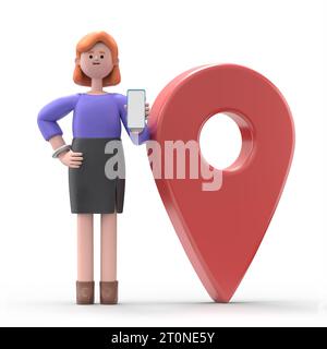 3D illustration of European businesswoman Ellen with Smartphone Standing near GeoPoint sign Mobile Navigation concept isolated on White Background. 3D Stock Photo