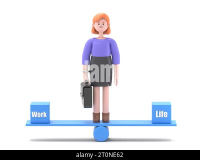 3D illustration of European businesswoman Ellen is standing at the center of a seesaw with Work and Life boxes at the sides.3D rendering on white back Stock Photo