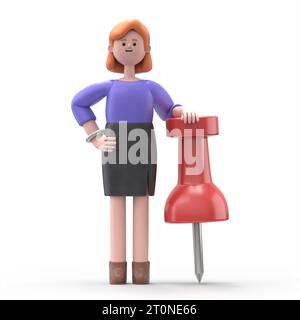 3D illustration of European businesswoman Ellen figure with pin needle.3D rendering on white background. Stock Photo