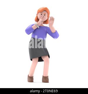 3D illustration of European businesswoman Ellen in an eavesdropping posture. 3d image.3D rendering on white background. Stock Photo