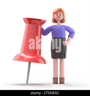 3D illustration of European businesswoman Ellen leaning on a huge red pushpin.3D rendering on white background. Stock Photo