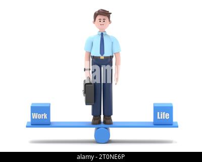 3D illustration of Asian man Felix is standing at the center of a seesaw with Work and Life boxes at the sides.3D rendering on white background. Stock Photo