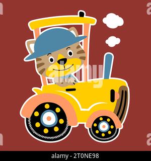 Funny cat on yellow tractor, vector cartoon illustration Stock Vector