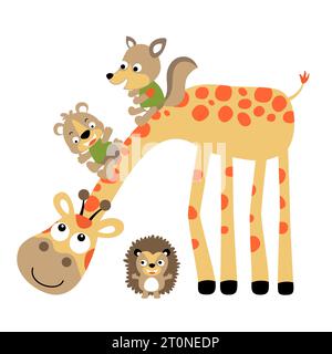 little animals playing slide down on giraffe's neck, vector cartoon illustration Stock Vector