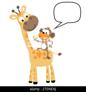 Funny monkey riding giraffe while holding banana on white background, vector cartoon illustration Stock Vector