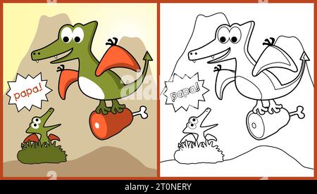 Funny dinosaur carrying meat for its cub in nest on volcanoes background, vector cartoon illustration, coloring page or book Stock Vector