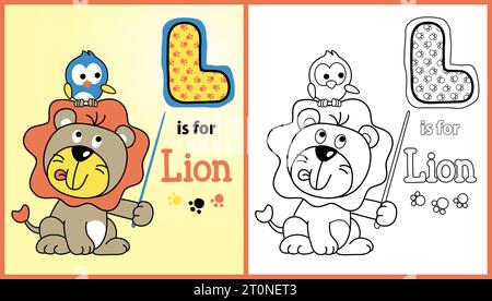 Cute lion with little bird learn to reading, vector cartoon illustration, coloring page or book Stock Vector