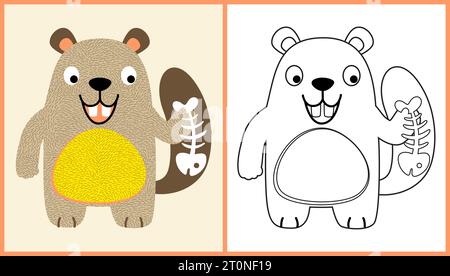 vector cartoon of funny beaver holding fish bone, coloring page or book Stock Vector