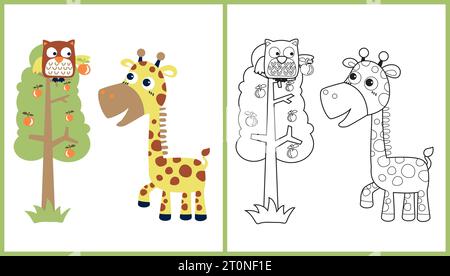 vector cartoon of giraffe with owl on fruit tree, coloring page or book Stock Vector