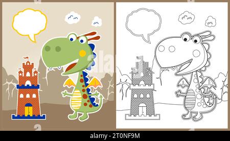 vector cartoon of cute dragon with small castle on mountain background, coloring page or book Stock Vector
