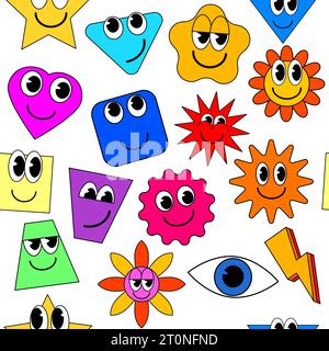 Cartoon stickers seamless pattern. Abstract shapes, stars, square, comic cute doodle smile characters Stock Vector