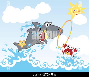 funny shark playing jump ring in the sea with crab and starfish, smiling sun behind clouds, vector cartoon illustration Stock Vector