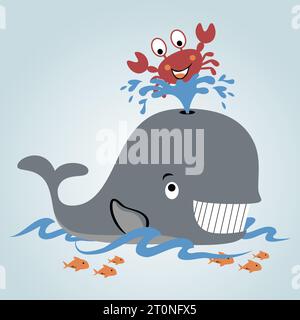 Funny whale and crab with fish in the sea, vector cartoon illustration Stock Vector