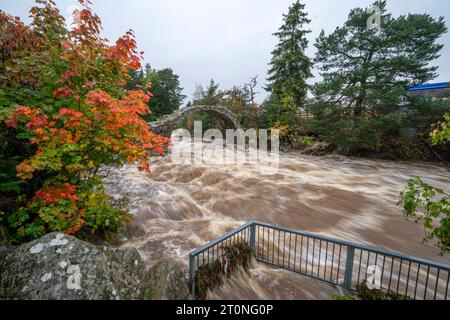 River Dulnain at Carrbridge near Aviemore. Those in the north of Scotland have been warned there is still a 'risk to life' from severe flooding while people in the south of the UK will have dry and warm conditions. Picture date: Sunday October 8, 2023. Stock Photo