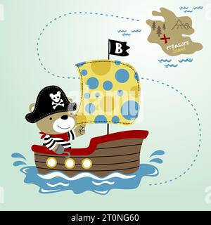 Cute bear in pirate costume on sailboat going to treasure island, vector cartoon illustration Stock Vector