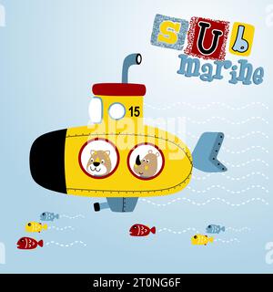 cute rhino and leopard in submarine undersea with fish, vector cartoon illustration Stock Vector