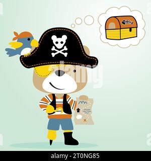 funny bear in pirate costume with cute bird, pirate element, vector cartoon illustration Stock Vector