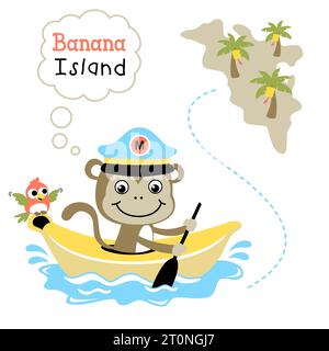 Funny monkey with little bird on banana boat go to banana island, vector cartoon illustration Stock Vector
