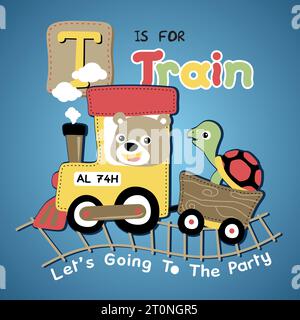 cute bear with turtle on steam train, vector cartoon illustration Stock Vector