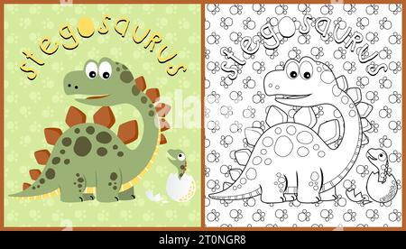 vector cartoon of dinosaur with hatched egg on footpath background pattern, coloring page or book Stock Vector