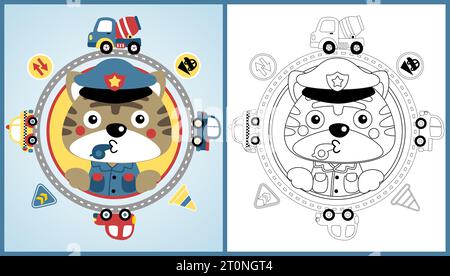 vector cartoon of cute kitten in cop costume with vehicles and road sign, traffic elements, coloring page or book Stock Vector