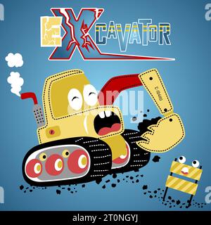 Funny construction vehicle with construction barrier, vector cartoon illustration Stock Vector