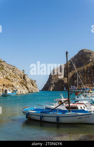 Boat in Vathi port on Kalymnos island Stock Photo